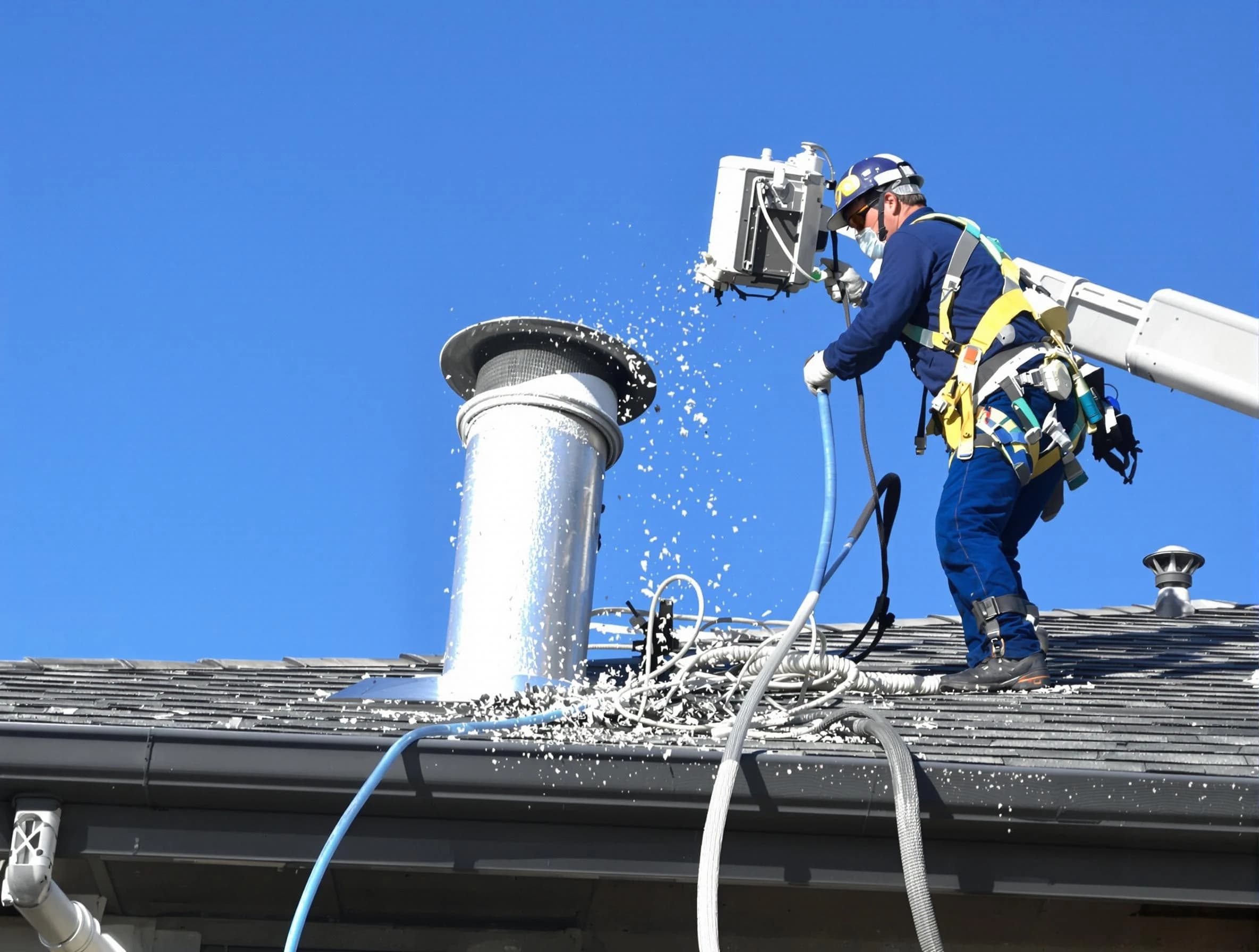 Ashland Dryer Vent Cleaning certified technician safely cleaning a roof-mounted dryer vent in Ashland