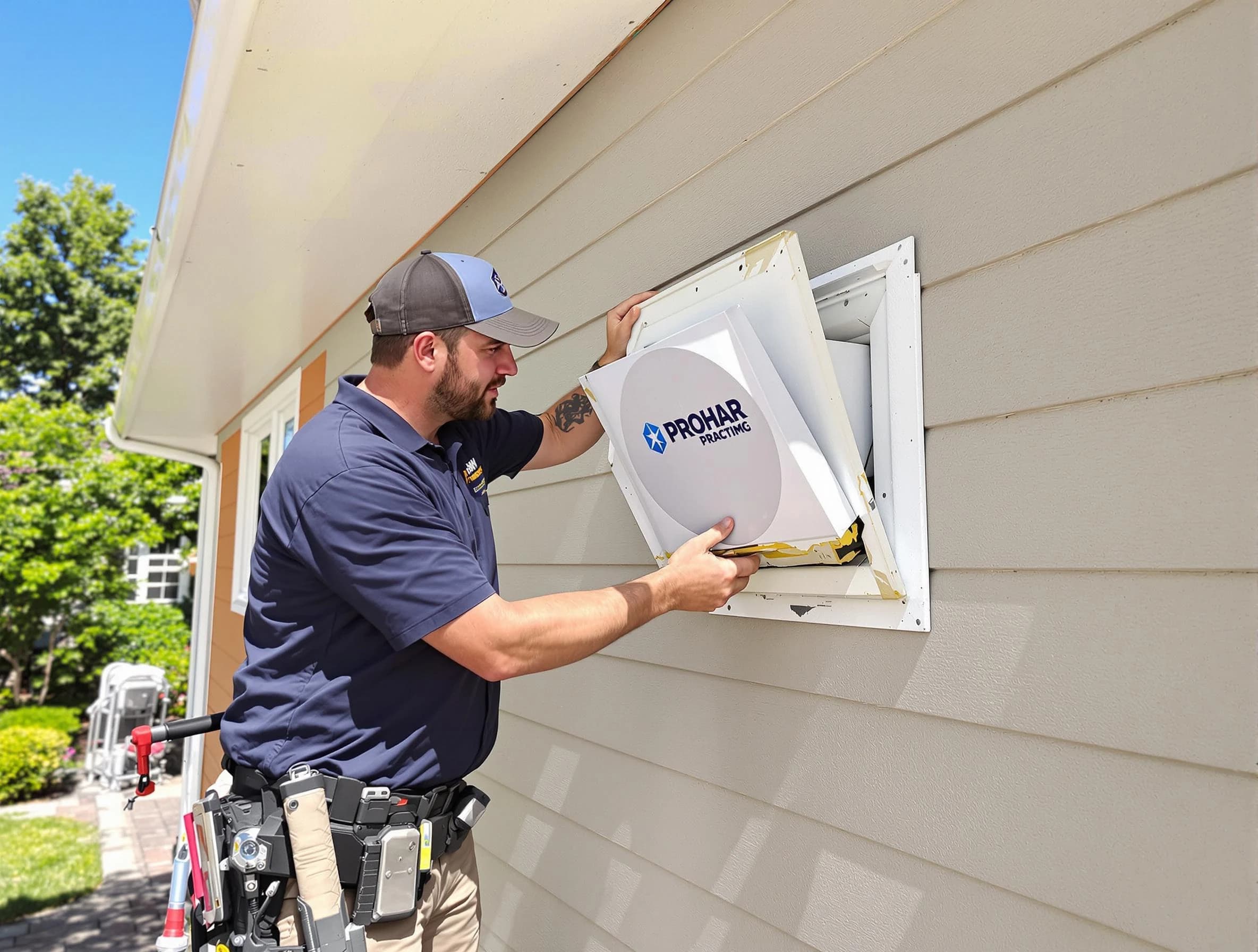 Ashland Dryer Vent Cleaning technician installing a new protective dryer vent cover on a home in Ashland